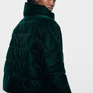 Zara Dark Green Velvet Puffer Bomber Jacket